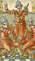 "We Be Soldiers Three", laulukuvitus teoksesta "Pan-Pipes", Vanhojen laulujen kirja, vastikään sovitettu ja säestettynä Theo. Marzials, julkaissut Lontoossa George Routledge und Sons, 1884 (väri